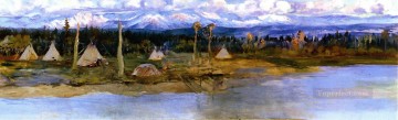 Amerikanischer Indianer Werke - Kootenai Camp am Schwanensee unvollendet 1926 Charles Marion Russell Indianer